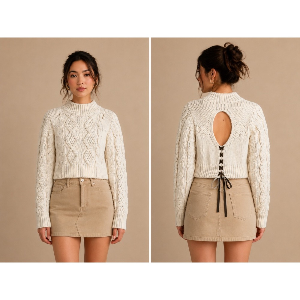 NEW Zara chunky cable knit back cut out sweater Size M creamy white cropped lace
